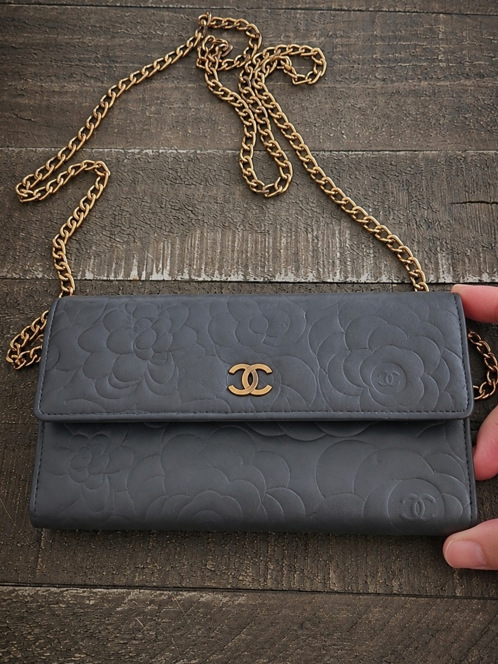 CHANEL Gray Camellia Quilted Wallet-on-Chain with Gold Hardware